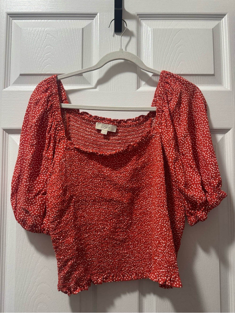 LOFT Red Puff-Sleeve Smocked Crop Top with White Dot Print